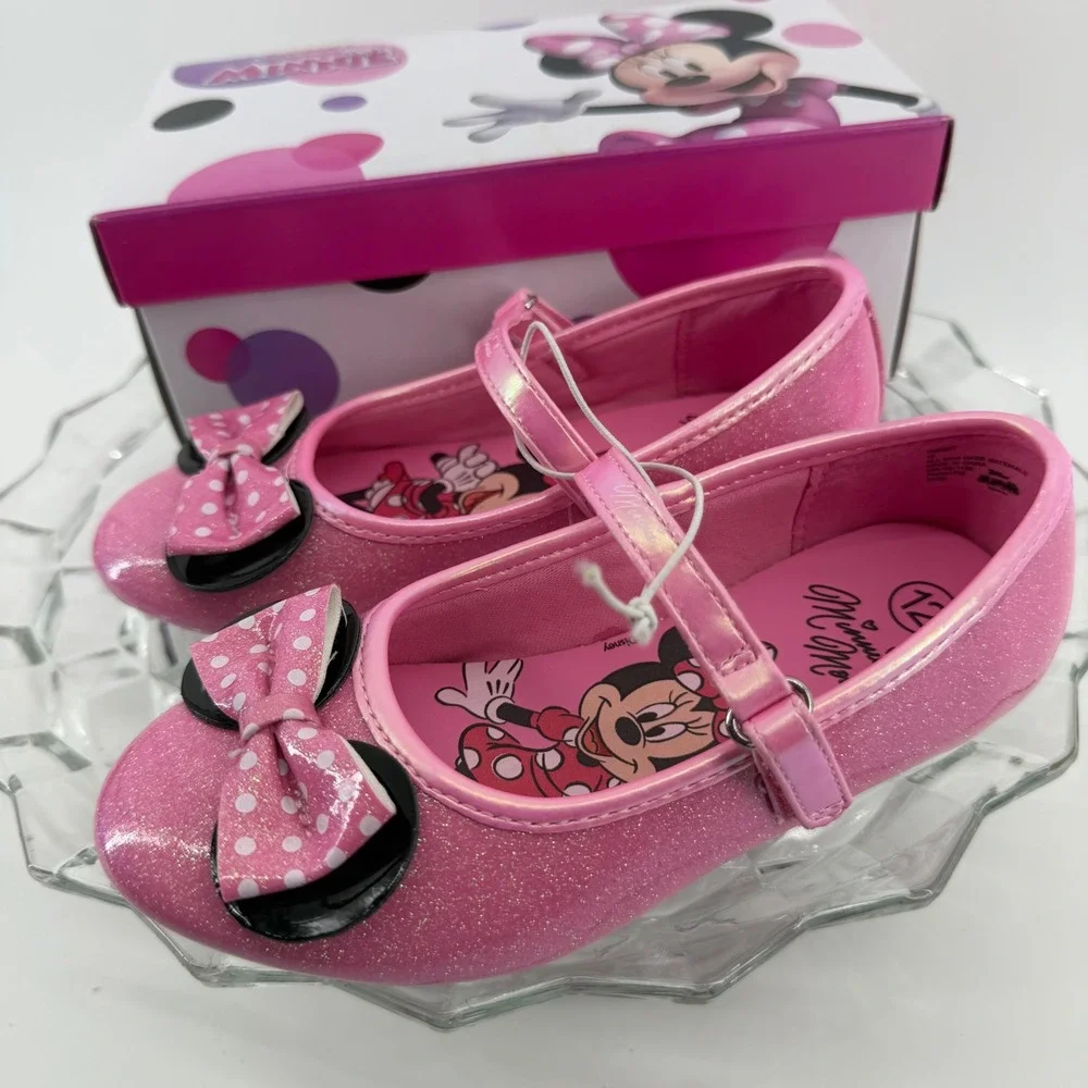 Disney Junior Minnie Mouse Toddler Girls Pink Glitter Ballet Flat Shoes Size 12